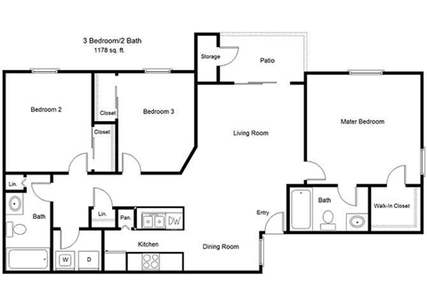 Floor plan for 3 beds, 2 baths, 1178 sqft